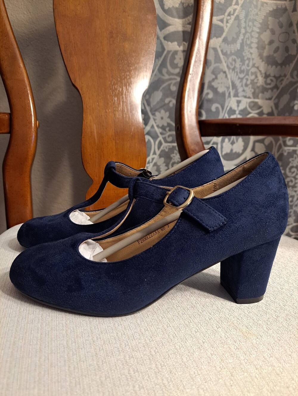 Navy Suede Block Heels - Picture 2 of 11